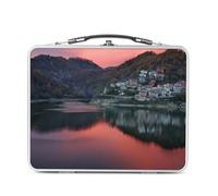 Fabulous Lunch Box Métal Argenté pour Sandwich et Snack - Coucher de Soleil Rouge sur un Village de Montagne au Bord d'un Lac - Boîte à Goûter Aluminium Gamelle Rigide Style Rétro Imprimée en France
