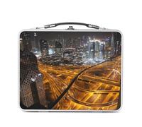 Fabulous Lunch Box Métal Argenté pour Sandwich et Snack - Echangeur Routier de Dubaï La Nuit Paysage Urbain - Boîte à Goûter Aluminium Gamelle Rigide Style Rétro Imprimée en France