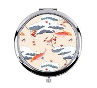 Fabulous Miroir de Poche en Métal - Carpe Koi Estampe Japon Kimono Motif Japon Tissu Orange - (Diamètre 70 mm)