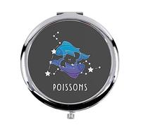 Fabulous Miroir de Poche en métal Noir - Poissons Signe Astrologie Prevision Stellaire Céleste Solaire Sideral Etoile - (Diamètre 70 mm)