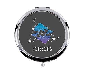 Fabulous Miroir de Poche en métal Noir - Poissons Signe Astrologie Prevision Stellaire Céleste Solaire Sideral Etoile - (Diamètre 70 mm)