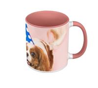 Fabulous Mug de Couleur Qualité Premium Rose - Petit Chien Cavalier King Charles Blanc et Roux avec Chapeau de Fête Bleu Mignon Animaux - Tasse avec anse et intérieur de couleur