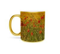 Fabulous Mug Doré en Céramique Chromé - Champs avec des Coquelicots en Fleur et Montés à Graines Champêtre Vert et Rouge sur Fond de Champs de Blé - 325 ml