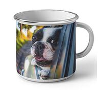 Fabulous Mug en Métal Emaillé Bulldog Francais En voiture Chien Noir et Blanc Mignon