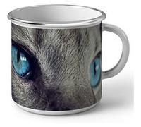 Fabulous Mug en métal émaille Chat Gris Korat Yeux Bleu Turquoise Gros Plan Blanc G