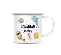 Fabulous Mug en Métal Emaillé Nom ou Texte Personnalisable Animaux Marins Aquarelle Mer Illustration Cadeau Personnalisé Enfant Dauphins