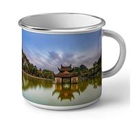 Fabulous Mug en Métal Emaillé Pagode Au Mileu d'un Lac Viet-Nam Bouddhisme Sérénité