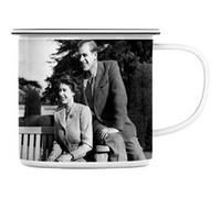 Fabulous Mug en métal émaille Reine Elisabeth II et Prince Philip Vieille Photo Blanc G