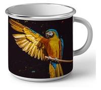 Fabulous Mug en métal émaille Splendide Perroquet Jaune et Bleu Oiseau Exotique Blanc G
