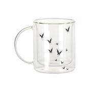 Fabulous Mug Verre Double Paroi - Envolée de Papillons Ombres Noir et Blanc Nuée - Tasse a Cafe et The Isotherme 330ml Effet Suspendu Anti-Brulure Imprime en France