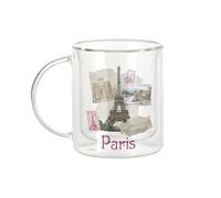 Fabulous Mug Verre Double Paroi - Paris Collage France Ville Tour Eiffel Louvre - Tasse a Cafe et The Isotherme 330ml Effet Suspendu Anti-Brulure Imprime en France