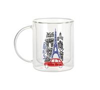 Fabulous Mug Verre Double Paroi - Paris Dessin Tour Eiffel Arc de Triomphe Voiture Vintage - Tasse a Cafe et The Isotherme 330ml Effet Suspendu Anti-Brulure Imprime en France