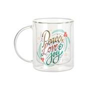 Fabulous Mug Verre Double Paroi - Peace Love and Joy Noel Houx Célébration Sapin - Tasse a Cafe et The Isotherme 330ml Effet Suspendu Anti-Brulure Imprime en France