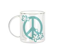 Fabulous Mug Verre Double Paroi - Signe Paix Bleu Fleur Hippie Psychedelique 70's Couleurs - Tasse a Cafe et The Isotherme 330ml Effet Suspendu Anti-Brulure Imprime en France