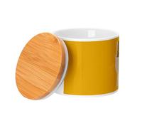 Fabulous Pot en Céramique avec couvercle Bambou - Main Articulée Bois Modèle Dessin Croquis Index Levé Fond Jaune Moutarde - 473 ml (16 oz) - Bocal