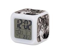 Fabulous Réveil Cube Lumineux Blanc - Dessin Tete De Loup Animal Sauvage Noir Et Blanc Art - 7,8 x 7,8 x 7,8 cm - Retro Éclairage Multicolore LED