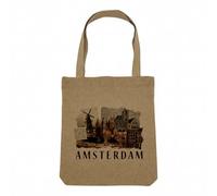 Fabulous Sac Shopping Tote Bag Aspect Lin - Amsterdam Collage Voyage Carte Postale - Sac de Courses Toile Epaisse 360g Beige Naturel Cabas Porté Epaule Solide Imprimé en France