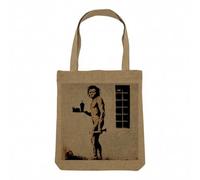 Fabulous Sac Shopping Tote Bag Aspect Lin - Banksy Cro Magnon Fast Food Graffiti Street Art - Sac de Courses Toile Epaisse 360g Beige Naturel Cabas Porté Epaule Solide Imprimé en France