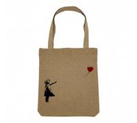 Fabulous Sac Shopping Tote Bag Aspect Lin - Banksy Fillette Ballon Rouge Coeur Enfant - Sac de Courses Toile Epaisse 360g Beige Naturel Cabas Porté Epaule Solide Imprimé en France