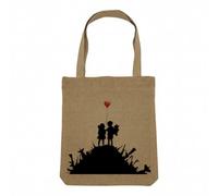 Fabulous Sac Shopping Tote Bag Aspect Lin - Banksy Guerre Enfants Ballon Rouge Arme Street Art - Sac de Courses Toile Epaisse 360g Beige Naturel Cabas Porté Epaule Solide Imprimé en France