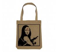 Fabulous Sac Shopping Tote Bag Aspect Lin - Banksy La Joconde Mona Lisa Arme Cible Ak47 Street Art - Sac de Courses Toile Epaisse 360g Beige Naturel Cabas Porté Epaule Solide Imprimé en France