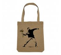 Fabulous Sac Shopping Tote Bag Aspect Lin - Banksy Rage The Flower Thrower Fleurs Street Art Graffiti - Sac de Courses Toile Epaisse 360g Beige Naturel Cabas Porté Epaule Solide Imprimé en France