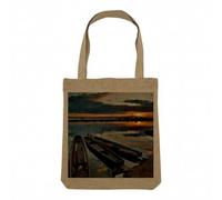 Fabulous Sac Shopping Tote Bag Aspect Lin - Barque de Pêche Rives d'un Lac Devant un Coucher de Soleil - Sac Courses Toile Epaisse 360g Beige Naturel Cabas Porté Epaule Solide Imprimé en France