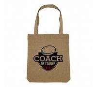 Fabulous Sac Shopping Tote Bag Aspect Lin - Coach de l'année Rugby Sport Ballon Stade XV - Sac de Courses Toile Epaisse 360g Beige Naturel Cabas Porté Epaule Solide Imprimé en France