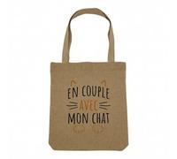 Fabulous Sac Shopping Tote Bag Aspect Lin - En Couple avec mon Chat Mignon Animaux Amour - Sac de Courses Toile Epaisse 360g Beige Naturel Cabas Porté Epaule Solide Imprimé en France