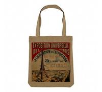 Fabulous Sac Shopping Tote Bag Aspect Lin - Exposition Universelle 1889 Paris Affiche Tour Eiffel Vintage - Sac de Courses Toile Epaisse 360g Beige Naturel Cabas Porté Epaule Solide Imprimé en France