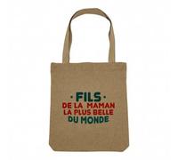 Fabulous Sac Shopping Tote Bag Aspect Lin - Fils de la Maman la plus belle du Monde Mère Famille - Sac de Courses Toile Epaisse 360g Beige Naturel Cabas Porté Epaule Solide Imprimé en France