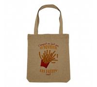 Fabulous Sac Shopping Tote Bag Aspect Lin - Frites - L'argent ne Fait Pas le Bonheur Street Food Sac de Courses Toile Epaisse 360g Beige Naturel Cabas Porté Epaule Solide Imprimé en France