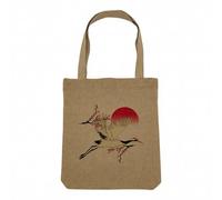 Fabulous Sac Shopping Tote Bag Aspect Lin - Grue du Japon Oiseau Asie Faune Sakura - Sac de Courses Toile Epaisse 360g Beige Naturel Cabas Porté Epaule Solide Imprimé en France