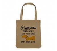 Fabulous Sac Shopping Tote Bag Aspect Lin - Happiness starts with a wet Nose and ends with Tail Dog - Sac de Courses Toile Epaisse 360g Beige Naturel Cabas Porté Epaule Solide Imprimé en France