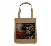 Fabulous Sac Shopping Tote Bag Aspect Lin - Kennedy President Etats-Unis JFK Drapeau USA - Sac de Courses Toile Epaisse 360g Beige Naturel Cabas Porté Epaule Solide Imprimé en France