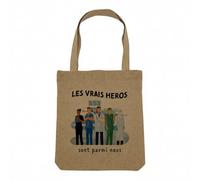 Fabulous Sac Shopping Tote Bag Aspect Lin - Les Vrais Héros - Personnel Sanitaire Métier Santé Sac de Courses Toile Epaisse 360g Beige Naturel Cabas Porté Epaule Solide Imprimé en France