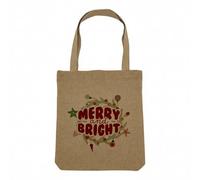 Fabulous Sac Shopping Tote Bag Aspect Lin - Merry and Bright Noel Hiver Cadeau Père Noel - Sac de Courses Toile Epaisse 360g Beige Naturel Cabas Porté Epaule Solide Imprimé en France