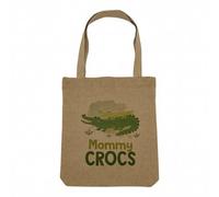 Fabulous Sac Shopping Tote Bag Aspect Lin - Mommy Crocs and her Baby Crocodile Drawing Illustration - Sac de Courses Toile Epaisse 360g Beige Naturel Cabas Porté Epaule Solide Imprimé en France