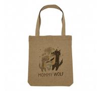 Fabulous Sac Shopping Tote Bag Aspect Lin - Mommy Wolf and her Baby Drawing Illustration Moon - Sac de Courses Toile Epaisse 360g Beige Naturel Cabas Porté Epaule Solide Imprimé en France