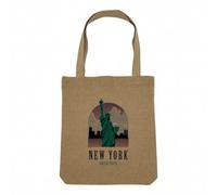 Fabulous Sac Shopping Tote Bag Aspect Lin - New York United States Illustration Etats Unis Statue Liberté - Sac de Courses Toile Epaisse 360g Beige Naturel Cabas Porté Epaule Solide Imprimé en France