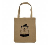 Fabulous Sac Shopping Tote Bag Aspect Lin - Ours à Bonnet Illustration Dessin Hiver Echarpe - Sac de Courses Toile Epaisse 360g Beige Naturel Cabas Porté Epaule Solide Imprimé en France