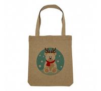 Fabulous Sac Shopping Tote Bag Aspect Lin - Ours Renne de Noel Illustration Dessin Mignon Neige - Sac de Courses Toile Epaisse 360g Beige Naturel Cabas Porté Epaule Solide Imprimé en France