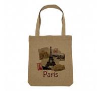 Fabulous Sac Shopping Tote Bag Aspect Lin - Paris Collage France Ville Tour Eiffel Louvre - Sac de Courses Toile Epaisse 360g Beige Naturel Cabas Porté Epaule Solide Imprimé en France