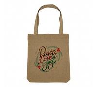 Fabulous Sac Shopping Tote Bag Aspect Lin - Peace Love and Joy Noel Houx Célébration Sapin - Sac de Courses Toile Epaisse 360g Beige Naturel Cabas Porté Epaule Solide Imprimé en France