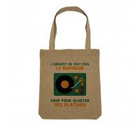 Fabulous Sac Shopping Tote Bag Aspect Lin - Platines Vinyle DJ - L'argent ne Fait Pas le Bonheur Musique Sac de Courses Toile Epaisse 360g Beige Naturel Cabas Porté Epaule Solide Imprimé en France