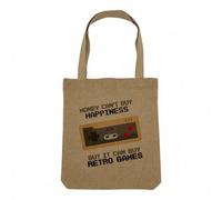 Fabulous Sac Shopping Tote Bag Aspect Lin - Retro Games - Money Can't Buy Happiness Sac de Courses Toile Epaisse 360g Beige Naturel Cabas Porté Epaule Solide Imprimé en France