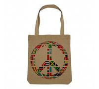 Fabulous Sac Shopping Tote Bag Aspect Lin - Signe Paix Drapeaux du Monde Hippie Couleurs - Sac de Courses Toile Epaisse 360g Beige Naturel Cabas Porté Epaule Solide Imprimé en France
