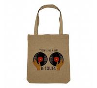 Fabulous Sac Shopping Tote Bag Aspect Lin - Touche pas à mes disques Musique DJ Vintage Vinyle - Sac de Courses Toile Epaisse 360g Beige Naturel Cabas Porté Epaule Solide Imprimé en France
