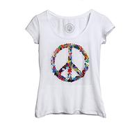 Fabulous T-Shirt Femme Col Echancré Signe Paix Coeurs Hippie Psychedelique 70's Couleurs
