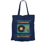 Fabulous Tote Bag Sac Shopping en Toile Bleu - Platines Vinyle DJ - L'argent ne Fait Pas le Bonheur Musique - 10 L